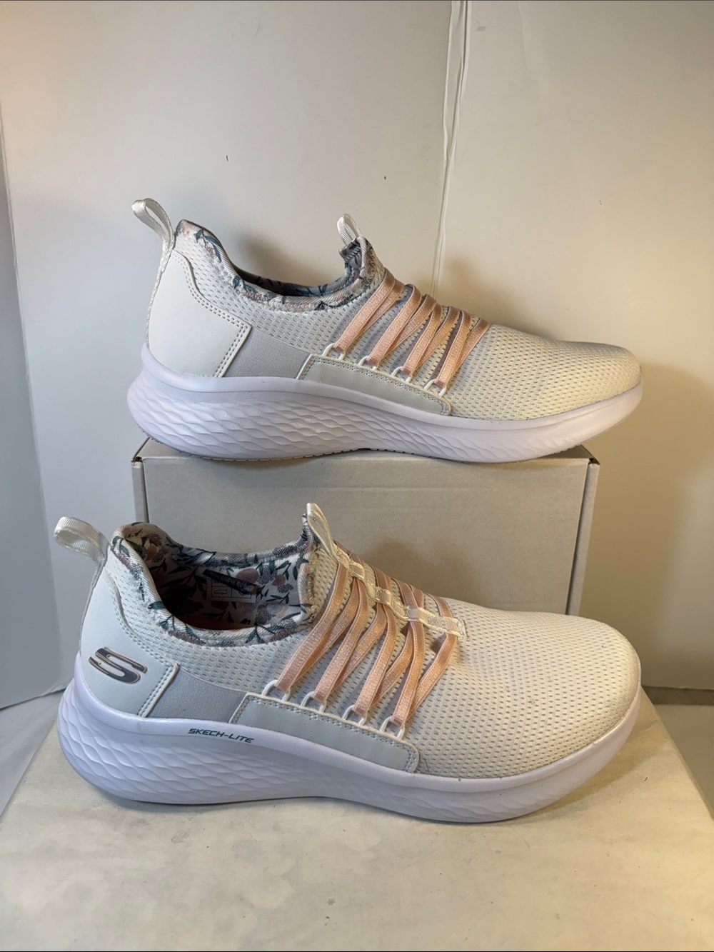 Skechers White Knit Slip-On Sneakers with Peach Accents - Picture 1 of 6